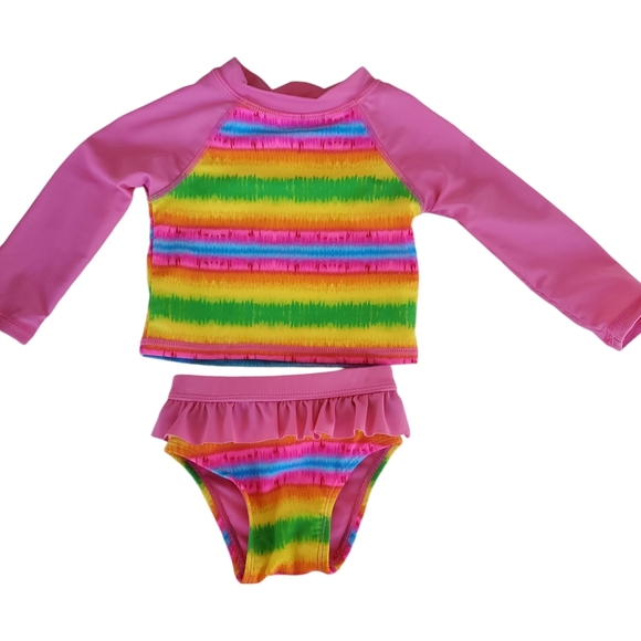 InGear Long Sleeve Rash Guard Tankini Swimsuit Pink Striped Girls 12M - Picture 1 of 3